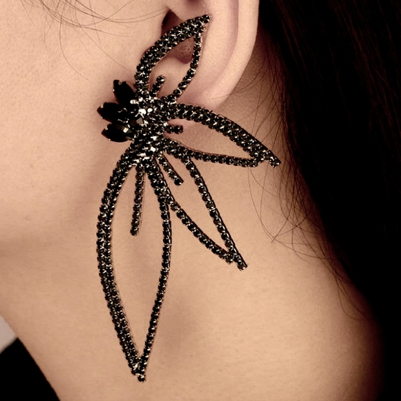 4 Inch Art Deco Black Abstract Flower Statement Earrings Crystal Butterfly Wings - Picture 4 of 7